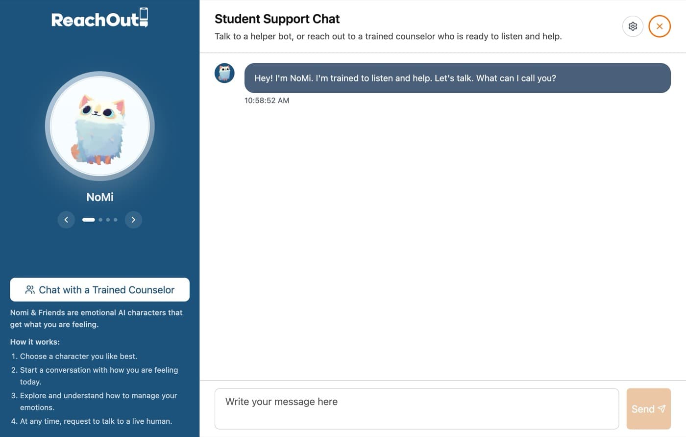 The ReachOut AI student support chat, with the NoMi character and a button to chat with a trained counselor
